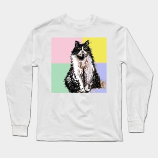 Tuxedo Cat Cute Drawing - on Pastel Rainbow Long Sleeve T-Shirt